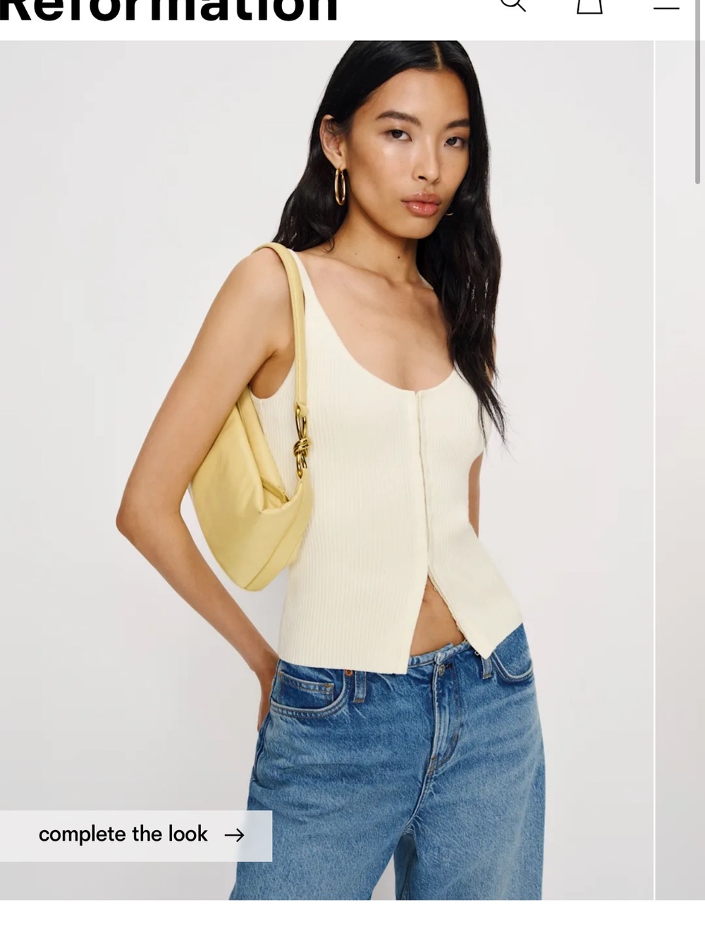 Reformation Cream Ribbed Scoop Tank with Pale Yellow Bag Accent